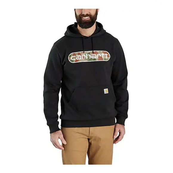 Carhartt Loose Fit Midweight Hoodie Mens Size S Black with Camo Logo Graphic - Picture 1 of 4